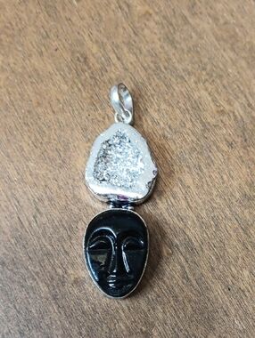 Silver Druzy and Black Onyx Mask Pendant - Women Jewelry